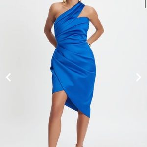 KAIA bonded satin one shoulder wrap dress in cobalt